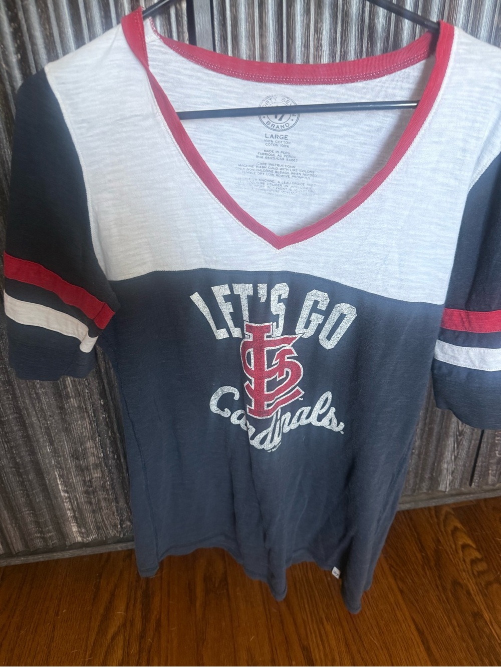 47 Brand St. Louis Cardinals Woman’s Navy & White V-Neck Tee with Red Trim
